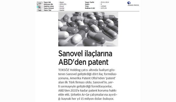 Sanovel drugs get patent from USA
