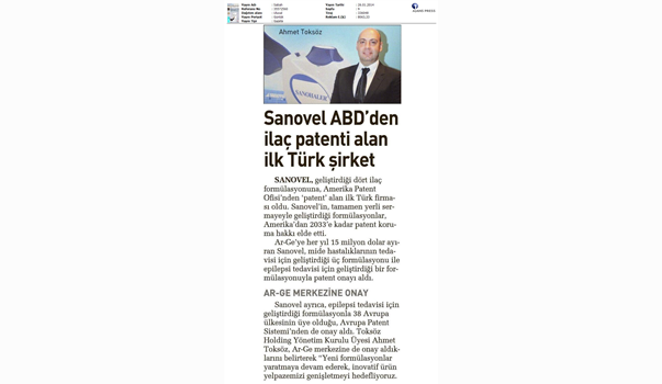 Sanovel to be the first Turkish Company to get a drug patent from USA