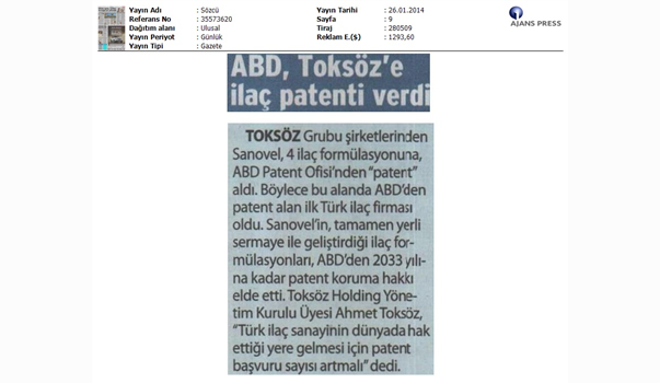 USA granted drug patent to Toksöz